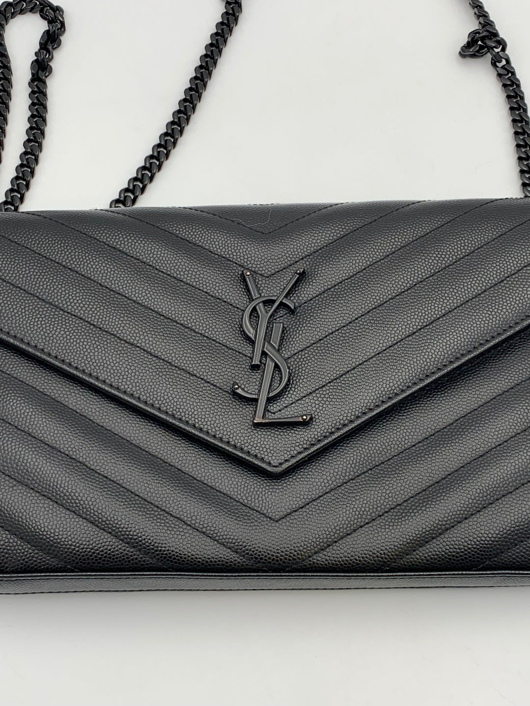 YSL Classic Cassandre Chain Wallet in Grain De Poudre Leather Black