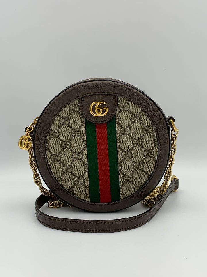 Gucci Brown GG Supreme Mini Round Ophidia Shoulder Bag