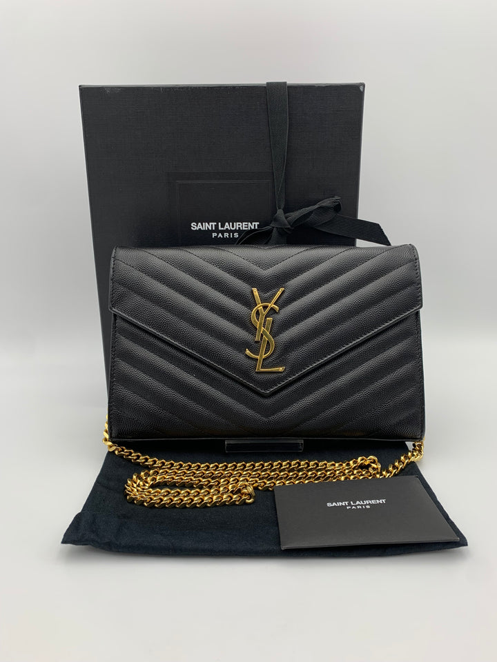 YSL Classic Cassandre Chain Wallet in Grain De Poudre Leather Gold