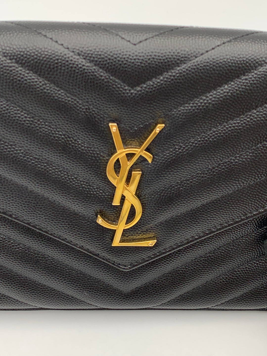 YSL Classic Cassandre Chain Wallet in Grain De Poudre Leather Gold