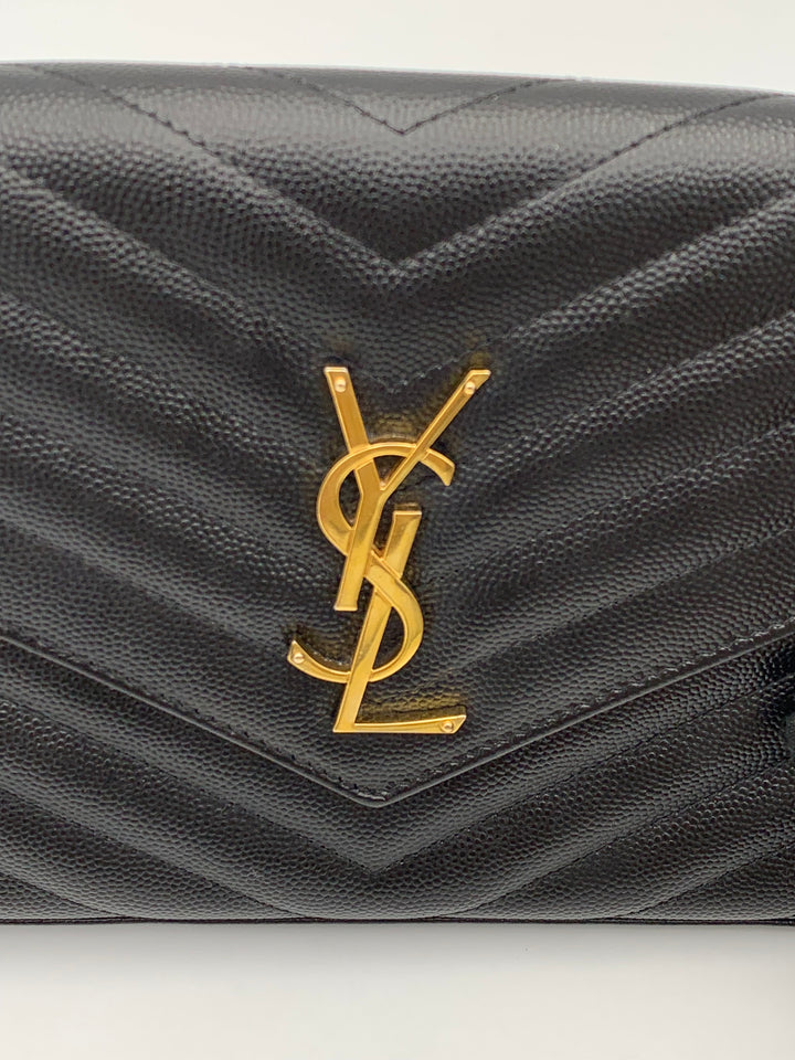 YSL Classic Cassandre Chain Wallet in Grain De Poudre Leather Gold