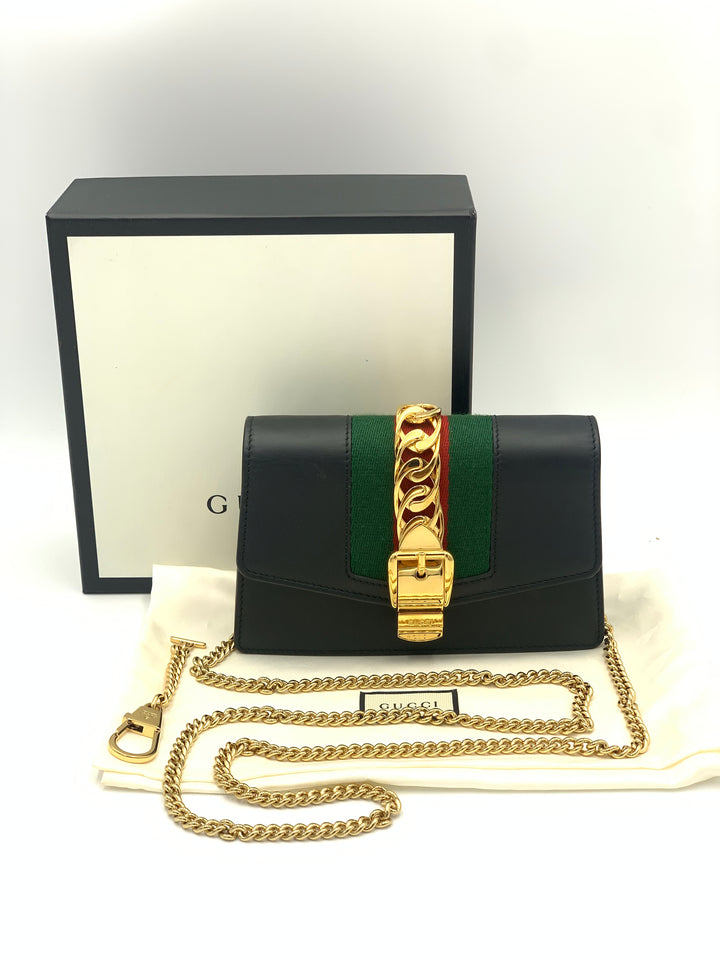 Gucci Black Leather Super Mini Sylvie  Chain Shoulder Bag