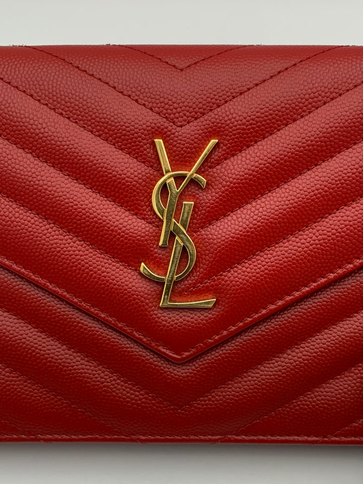 YSL Red Cassandre Envelope Chain Wallet Gold