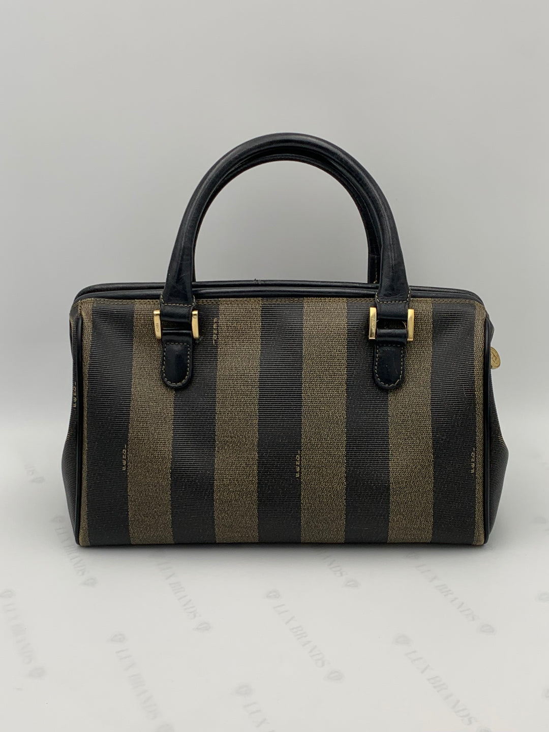 Fendi Tobacco Pequin Striped Coated Canvass Boston Bag