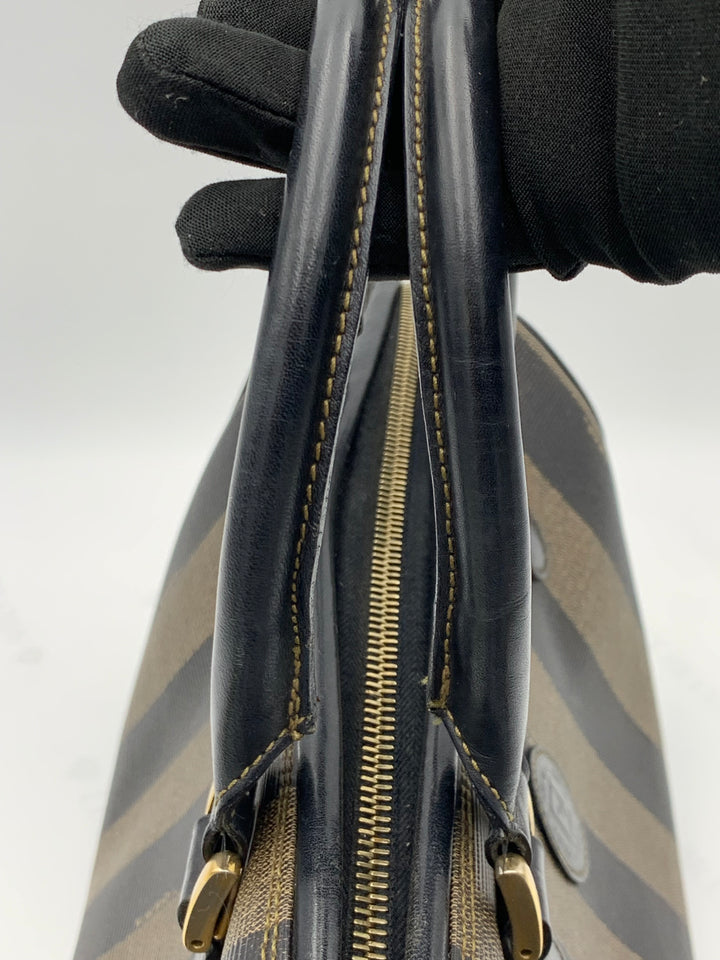 Fendi Tobacco Pequin Striped Coated Canvass Boston Bag