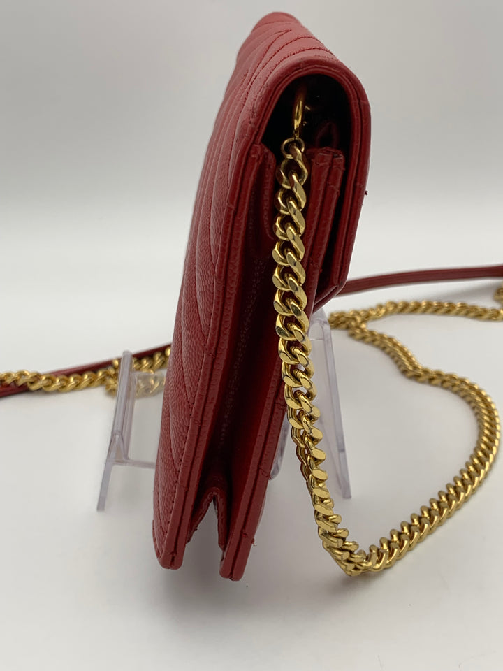 YSL Red Cassandre Envelope Chain Wallet Gold