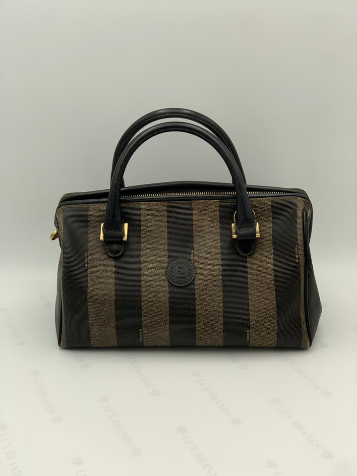 Fendi Tobacco Pequin Striped Coated Canvass Boston Bag