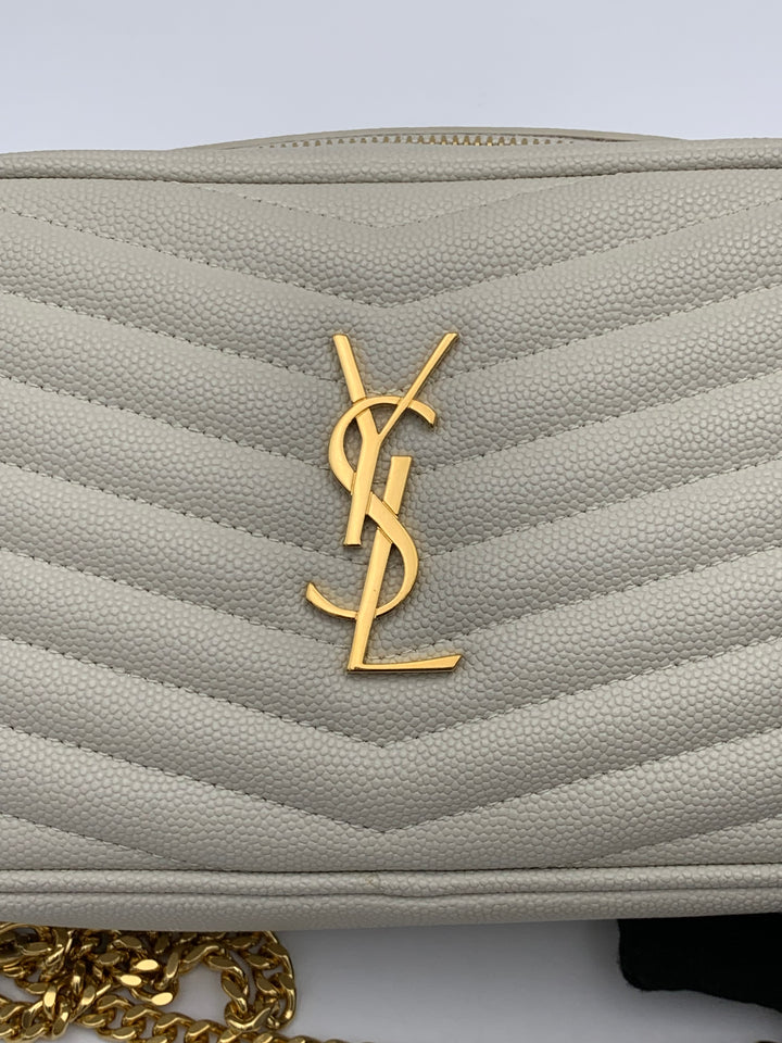 YSL Mini Lou Bag In Quilted Grain De Poudre Embossed Leather-White