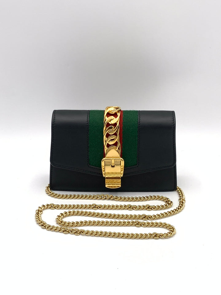 Gucci Black Leather Super Mini Sylvie  Chain Shoulder Bag