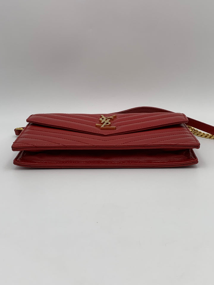 YSL Red Cassandre Envelope Chain Wallet Gold