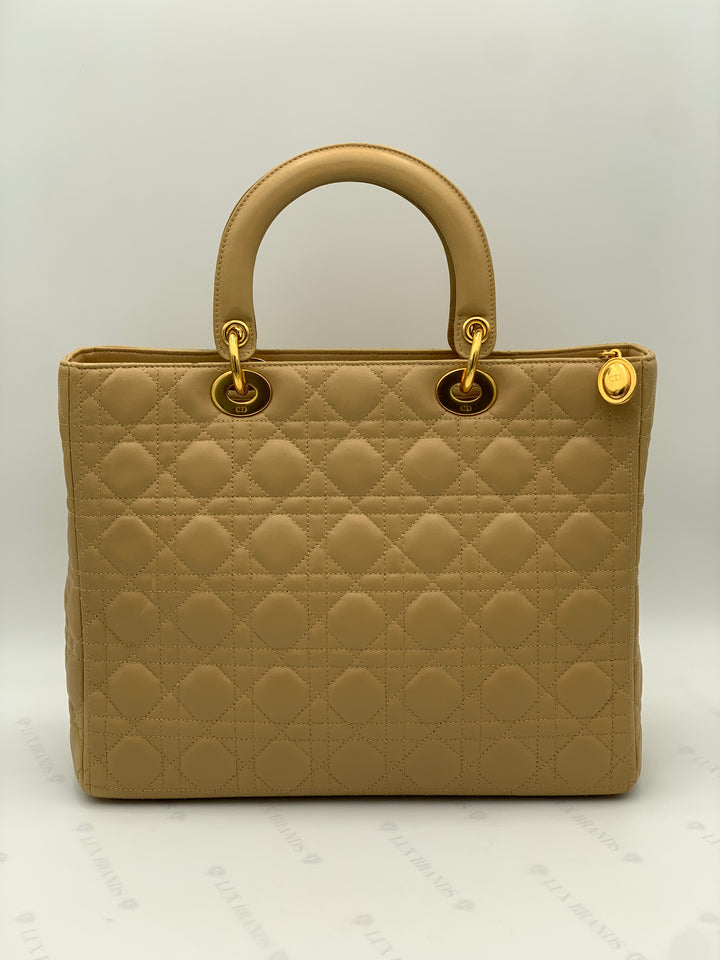 Chirstian Dior Large Lady Dior Beige Lambskin Leather