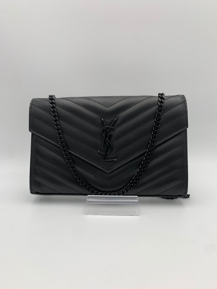 YSL Classic Cassandre Chain Wallet in Grain De Poudre Leather Black