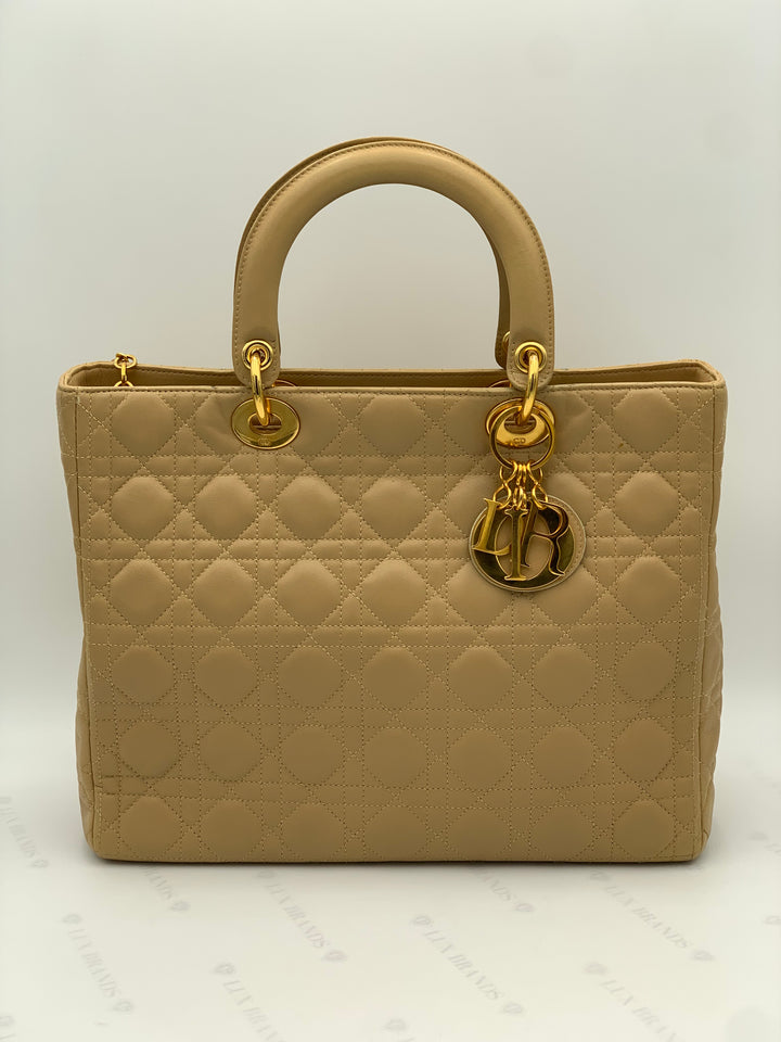 Chirstian Dior Large Lady Dior Beige Lambskin Leather