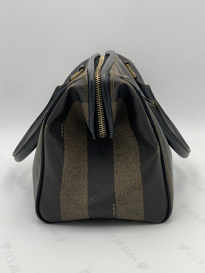 Fendi Tobacco Pequin Striped Coated Canvass Boston Bag