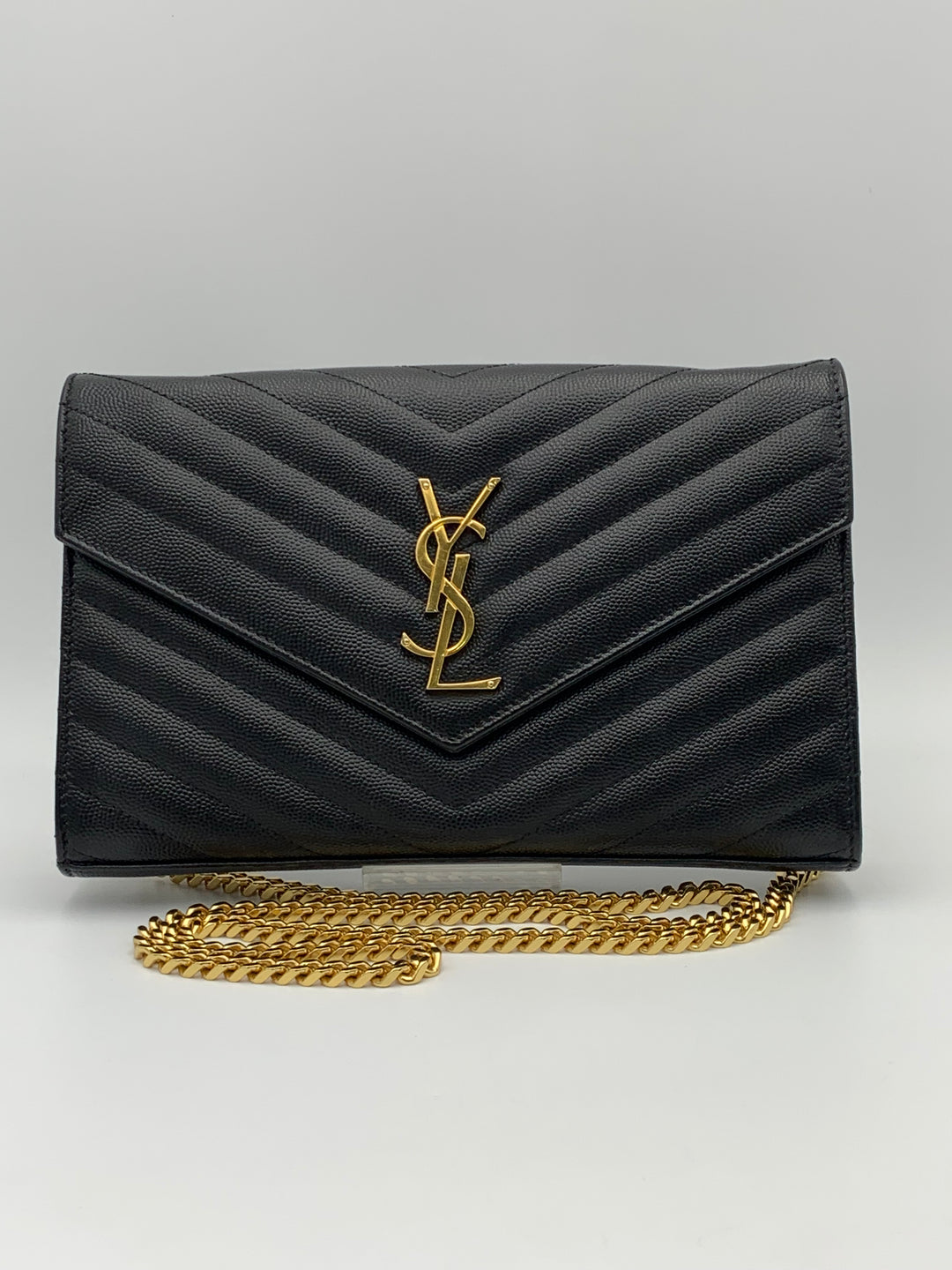 YSL Classic Cassandre Chain Wallet in Grain De Poudre Leather Gold