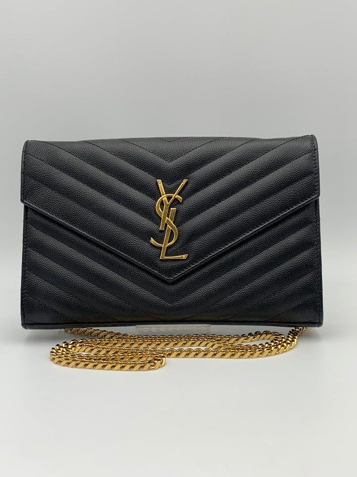 YSL Classic Cassandre Chain Wallet in Grain De Poudre Leather Gold