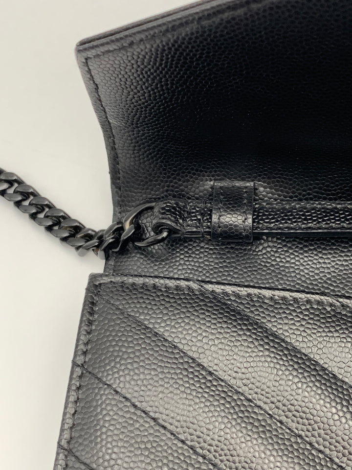 YSL Classic Cassandre Chain Wallet in Grain De Poudre Leather Black