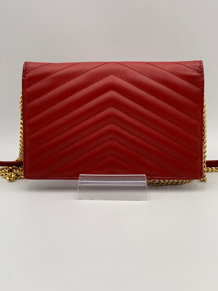 YSL Red Cassandre Envelope Chain Wallet Gold