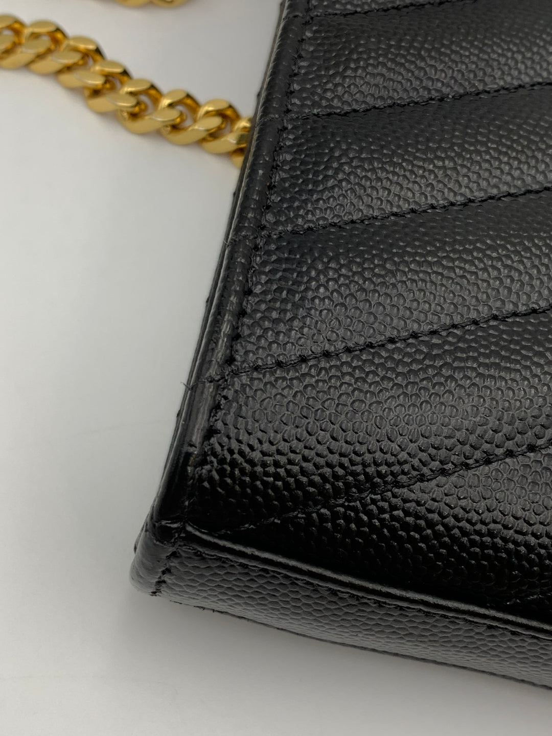 YSL Classic Cassandre Chain Wallet in Grain De Poudre Leather Gold