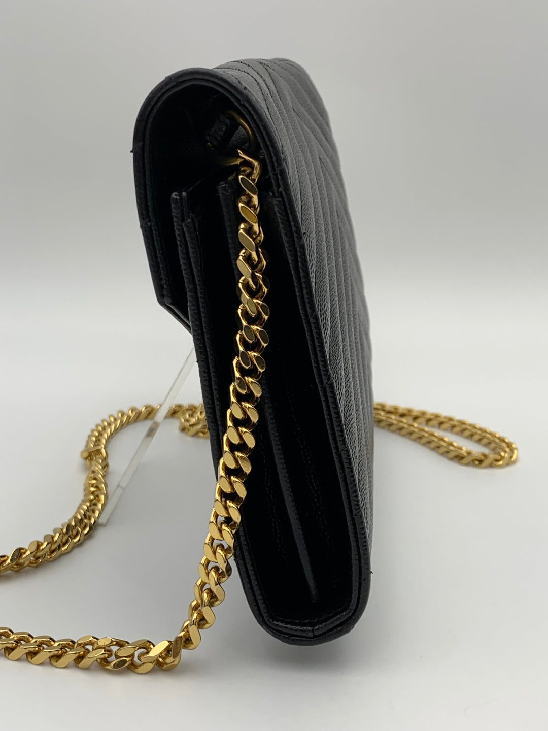 YSL Classic Cassandre Chain Wallet in Grain De Poudre Leather Gold