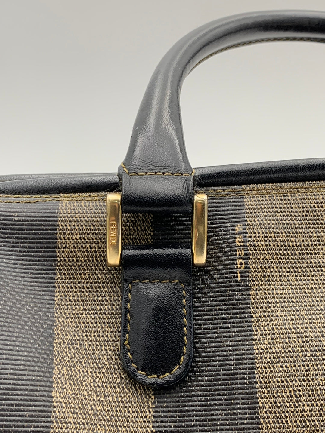 Fendi Tobacco Pequin Striped Coated Canvass Boston Bag