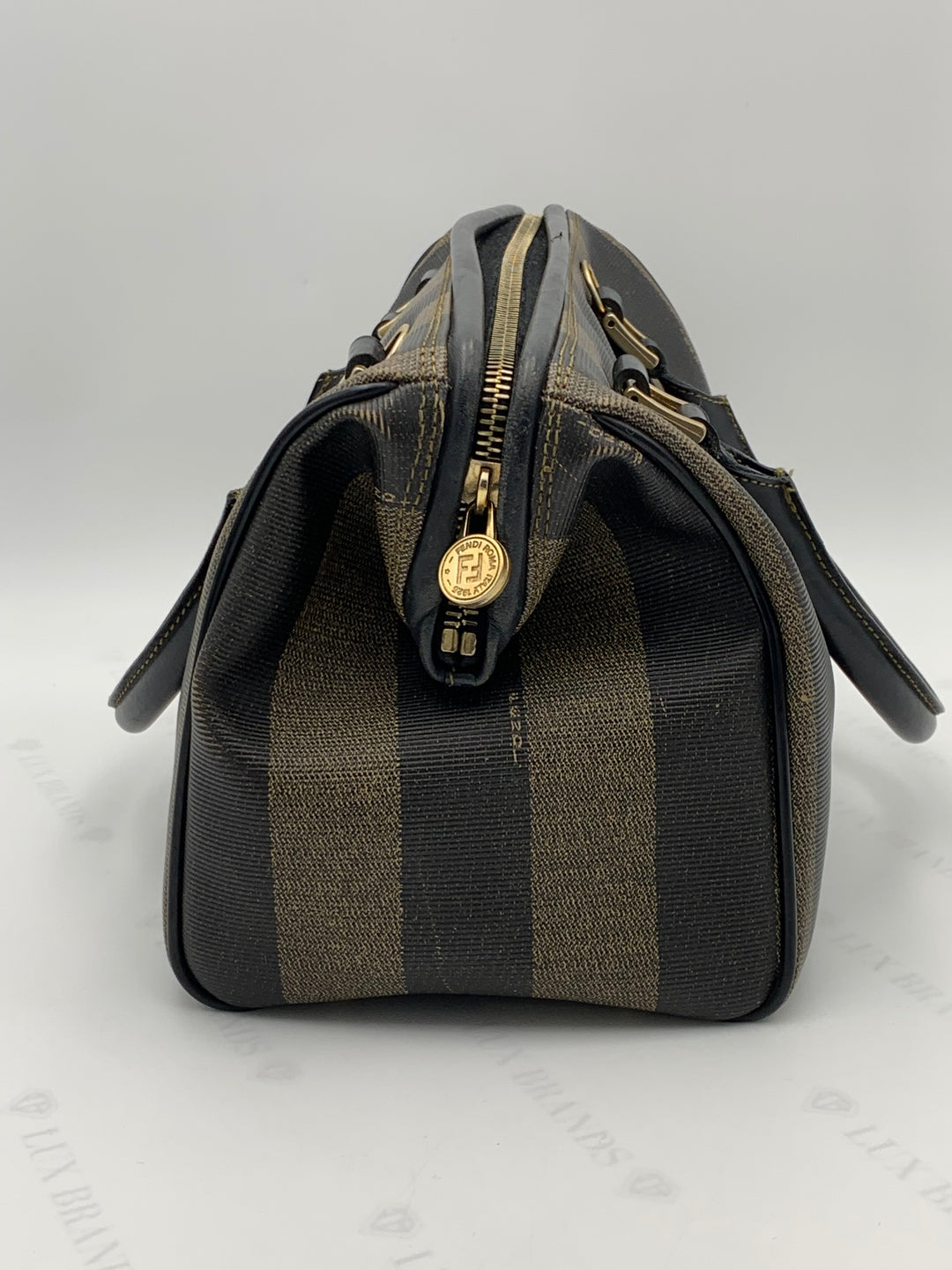 Fendi Tobacco Pequin Striped Coated Canvass Boston Bag