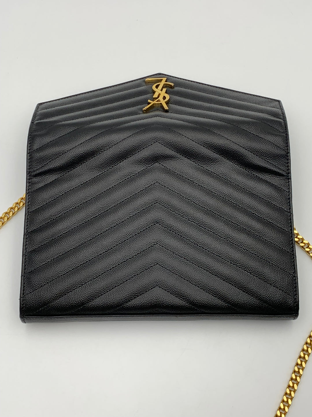 YSL Classic Cassandre Chain Wallet in Grain De Poudre Leather Gold