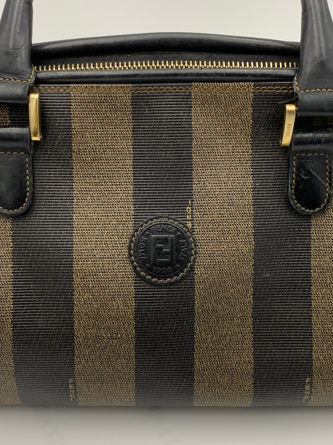 Fendi Tobacco Pequin Striped Coated Canvass Boston Bag