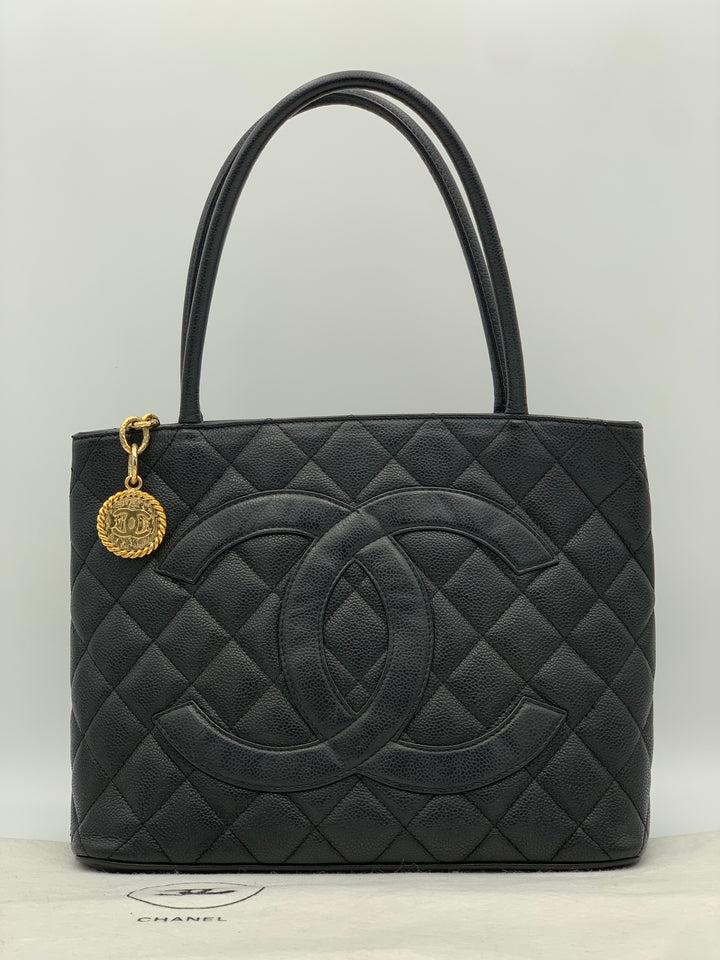 Chanel Black Medallion Caviar Leather Tote Bag