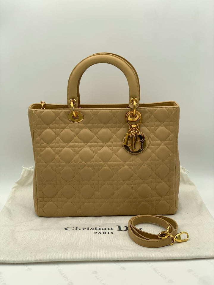 Chirstian Dior Large Lady Dior Beige Lambskin Leather