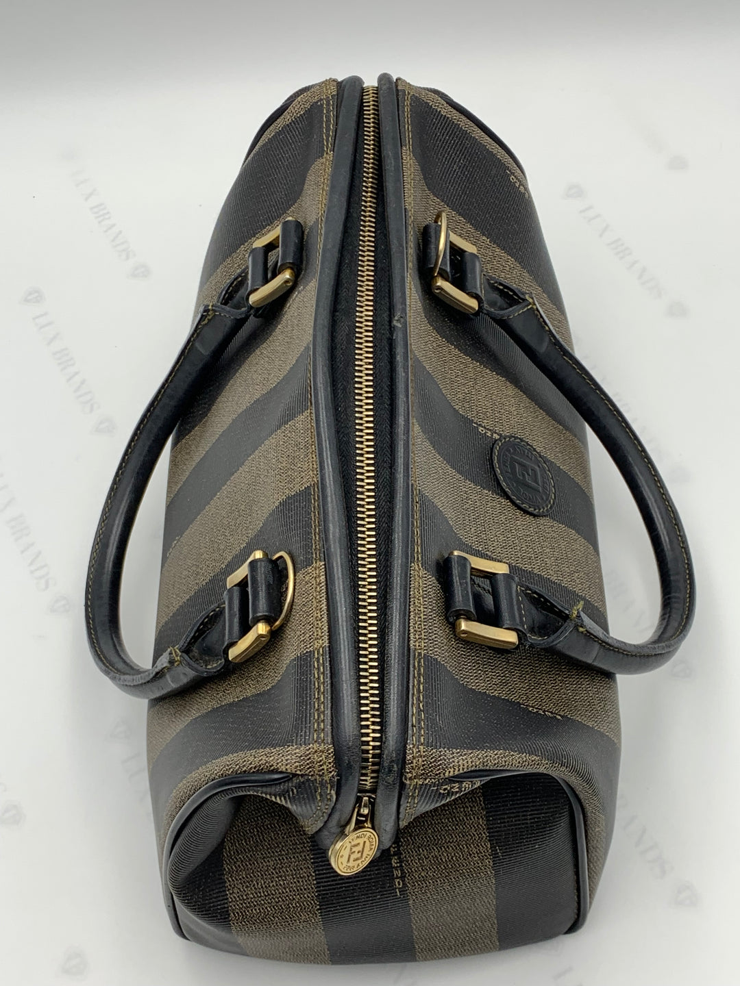 Fendi Tobacco Pequin Striped Coated Canvass Boston Bag