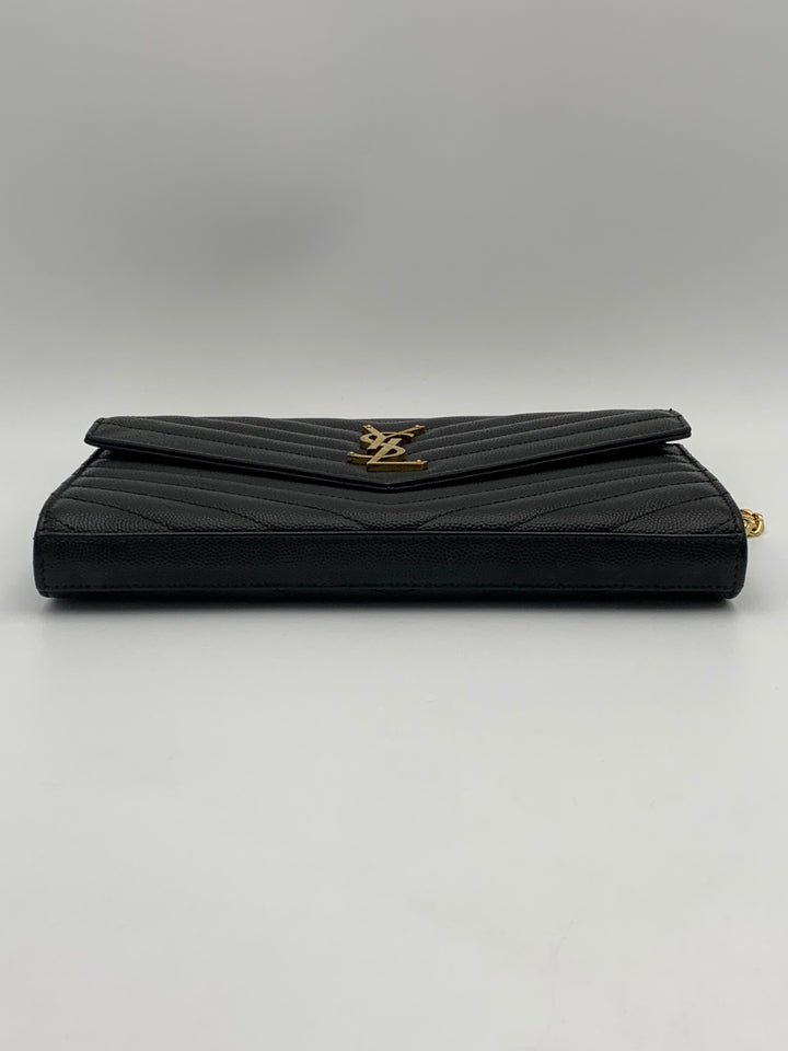 YSL Classic Cassandre Chain Wallet in Grain De Poudre Leather Gold