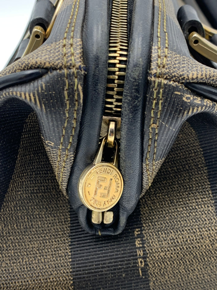 Fendi Tobacco Pequin Striped Coated Canvass Boston Bag