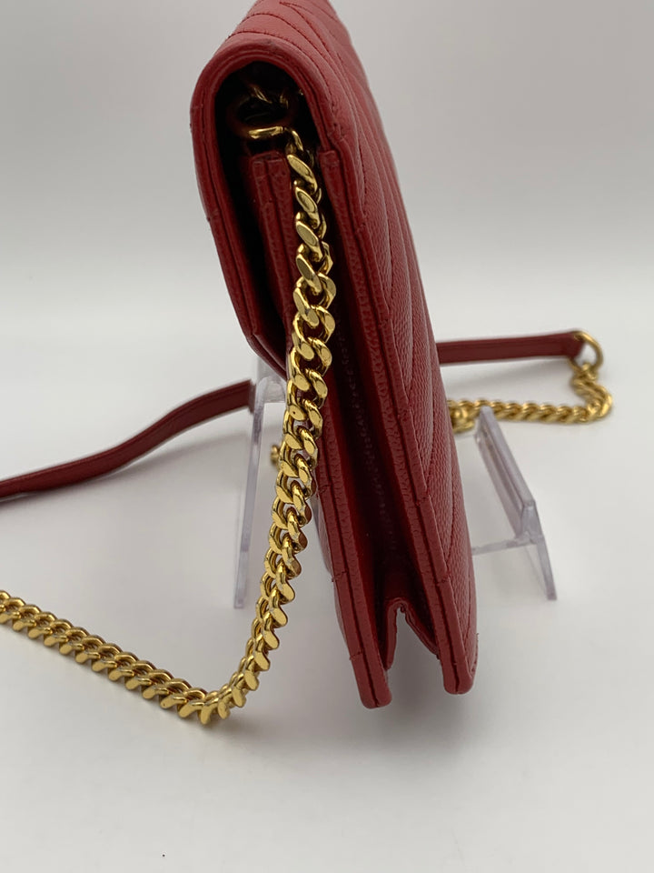 YSL Red Cassandre Envelope Chain Wallet Gold