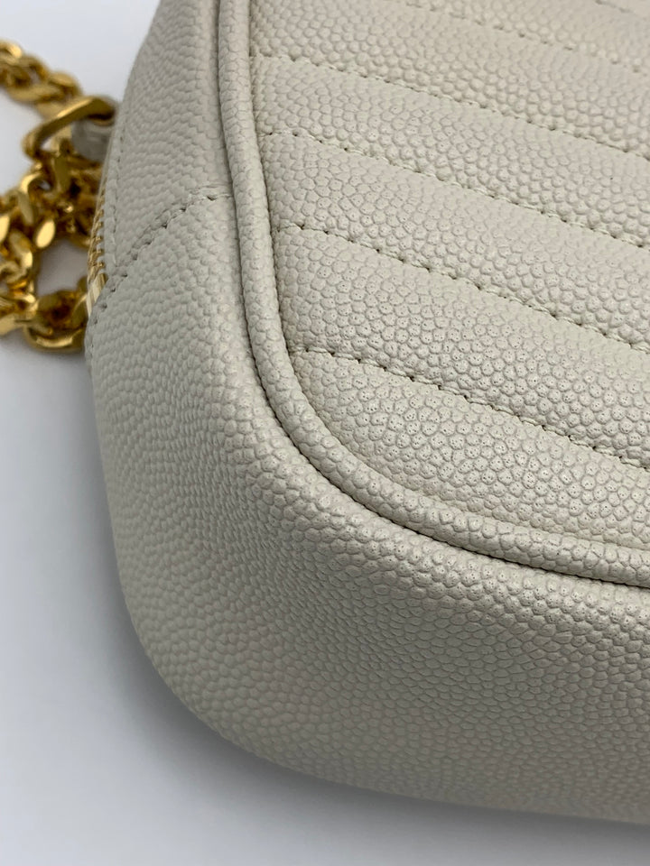 YSL Mini Lou Bag In Quilted Grain De Poudre Embossed Leather-White