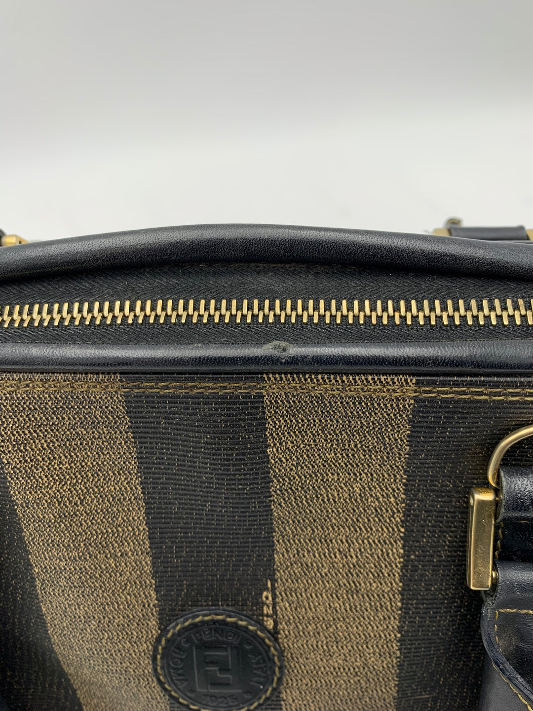 Fendi Tobacco Pequin Striped Coated Canvass Boston Bag