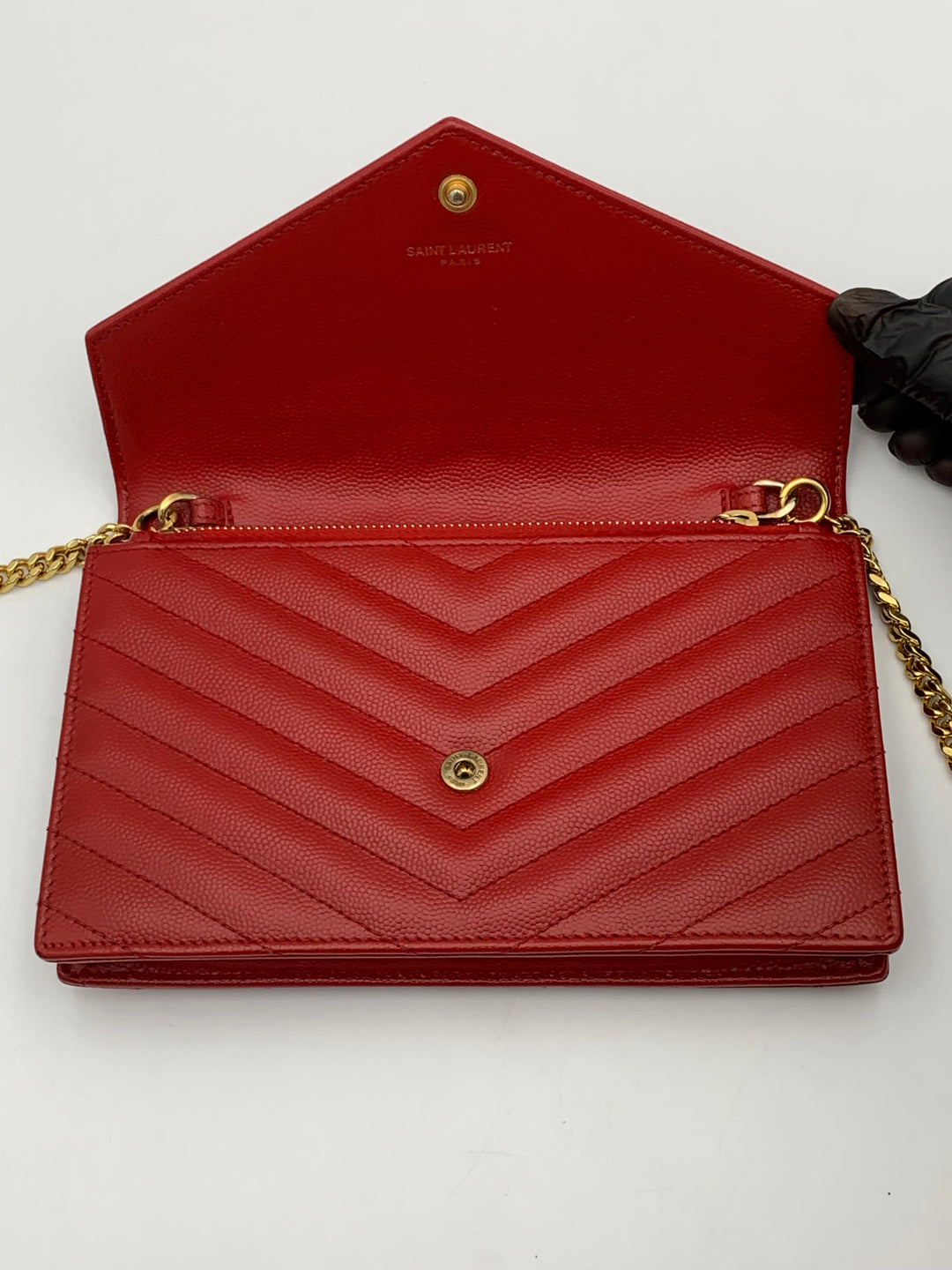 YSL Red Cassandre Envelope Chain Wallet Gold