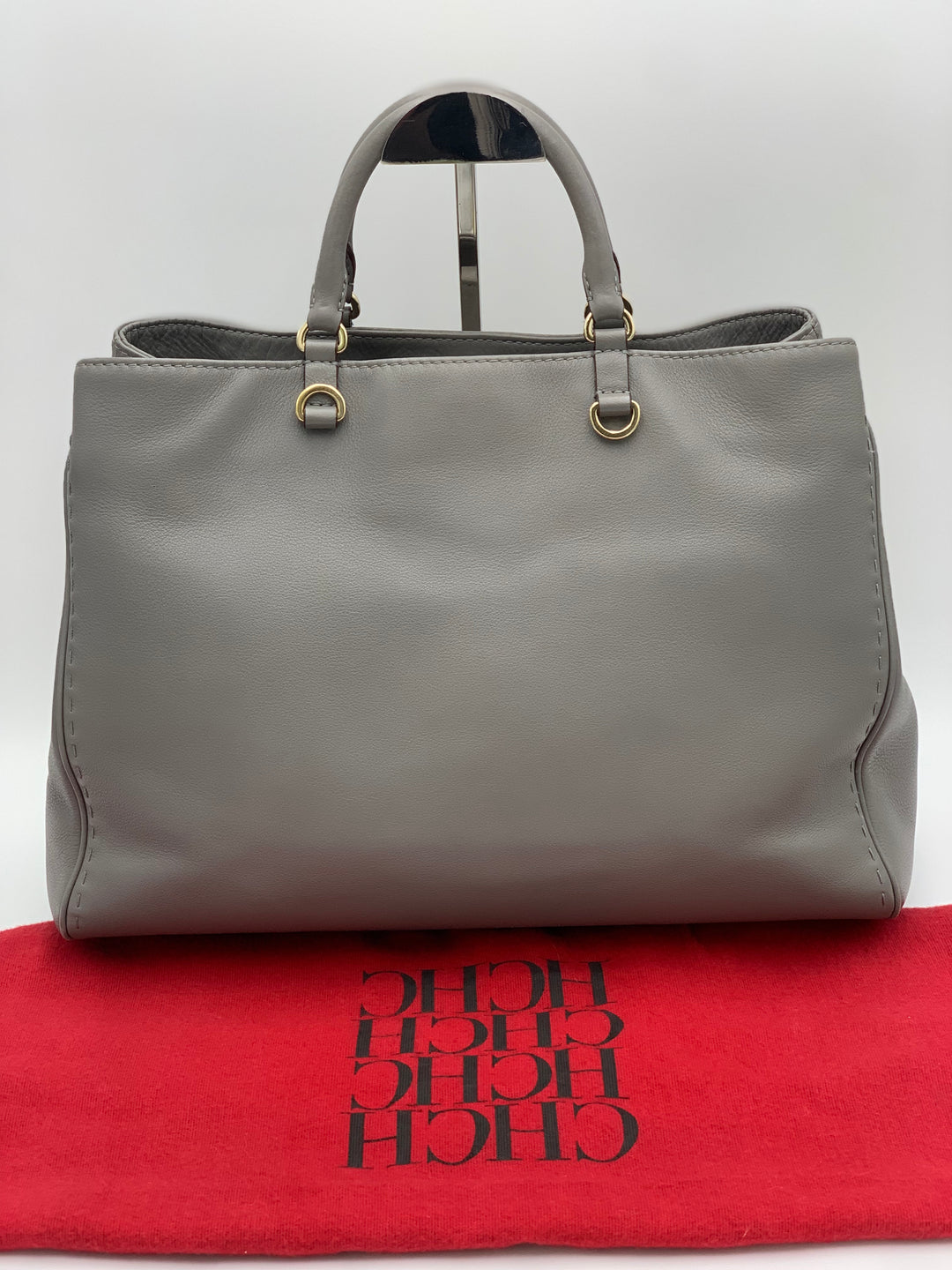 Carolina Herrera CH Charm Grey Leather Large Top Handle Bag