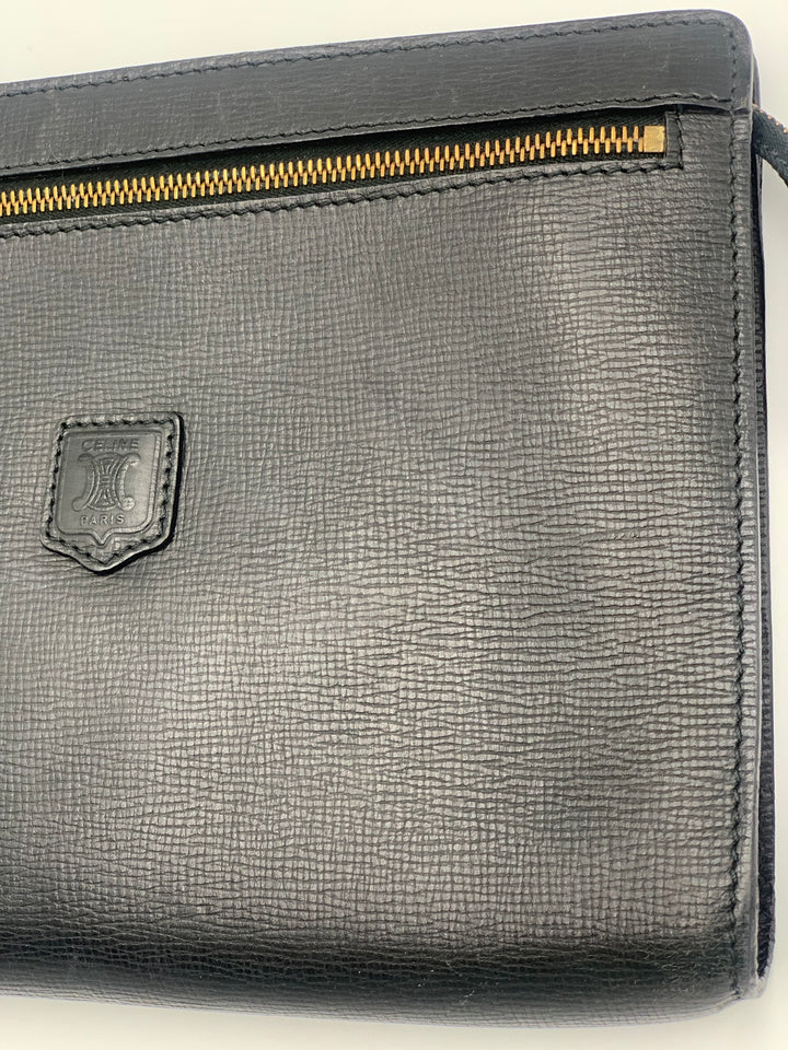 Celine Vintage Triomphe Black Leather Clutch Bag