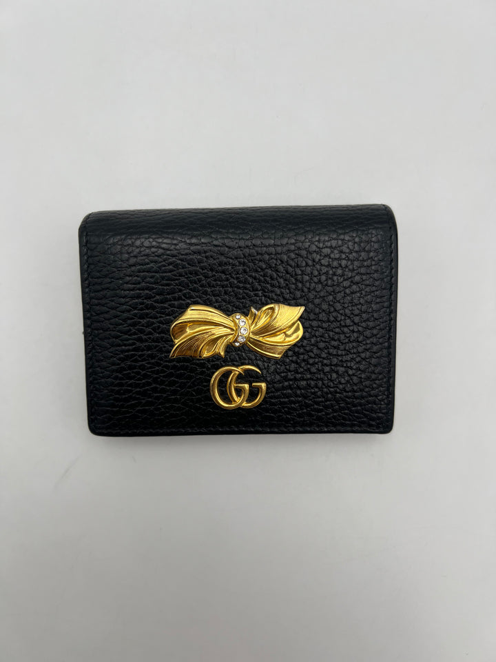 Gucci Black Leather GG Marmont Bow Card Case