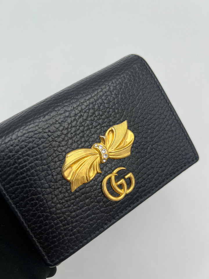 Gucci Black Leather GG Marmont Bow Card Case