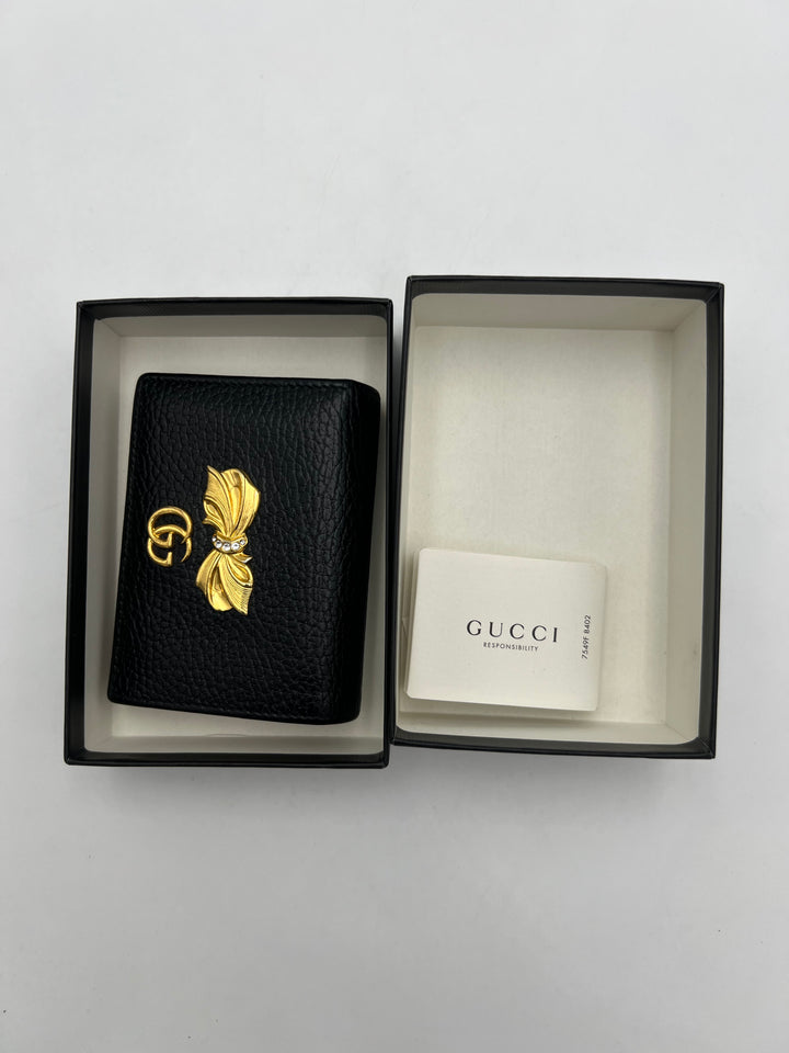 Gucci Black Leather GG Marmont Bow Card Case