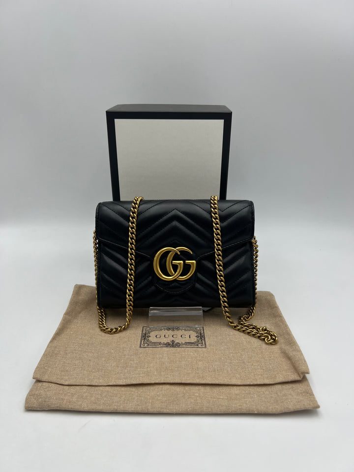 Gucci GG Marmont Matelasse Black Calfskin Chain Wallet