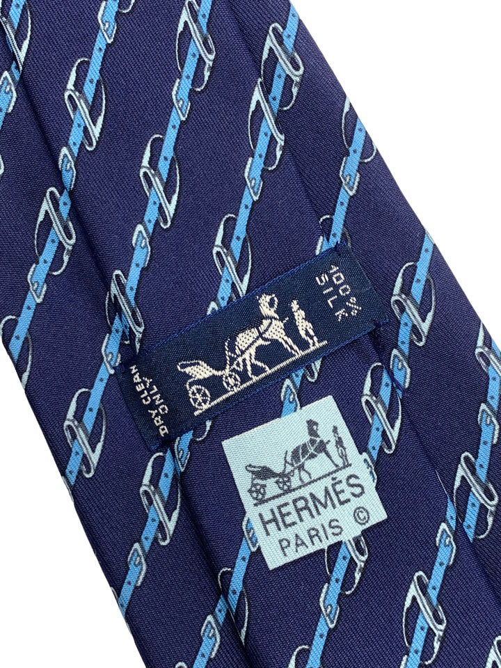 Hermès Blue Silk Tie Equestrian Chain Link Pattern