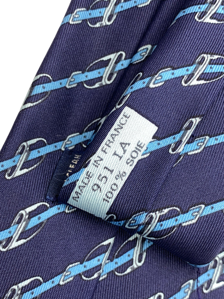 Hermès Blue Silk Tie Equestrian Chain Link Pattern