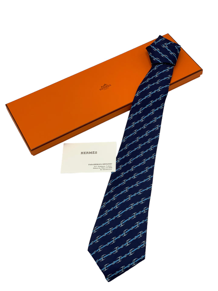 Hermès Blue Silk Tie Equestrian Chain Link Pattern